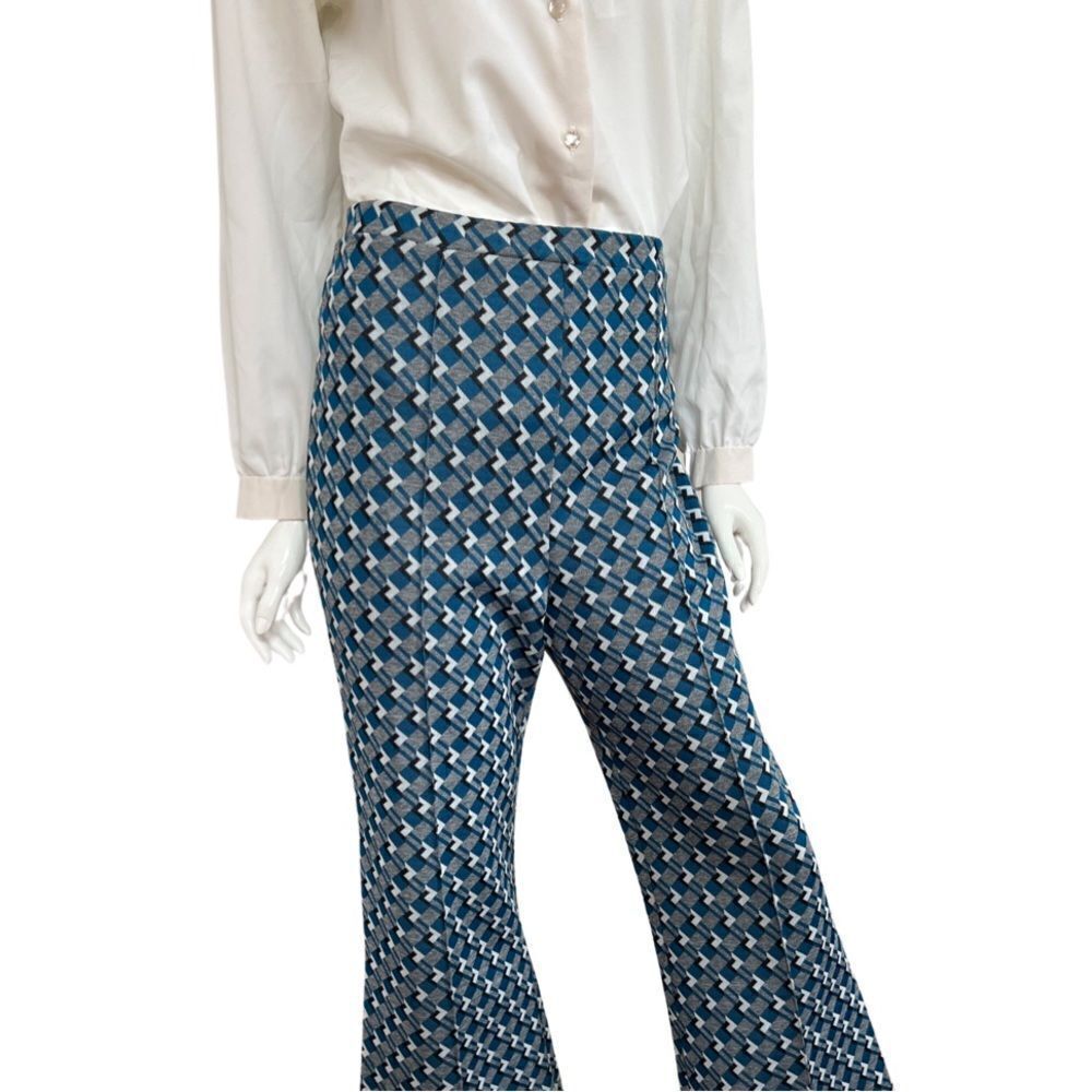 Groovy 60s / 70s Mod Teal Geometric Cropped Ankle Flared Pull on Pants - Picture 7 of 8